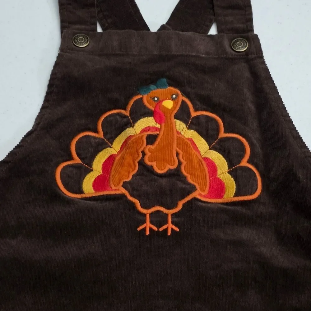Gymboree Girls Embroidered Turkey Thanksgiving Corduroy Overalls Dress Size 10